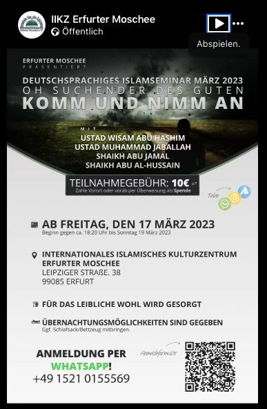 Flyer für salafistisches Islam-Seminar März 2023 in der Erfurter Moschee mit Abu Hashemi, Muhammad Jaballah, Abu Jamal, Abu Al-Hussain.